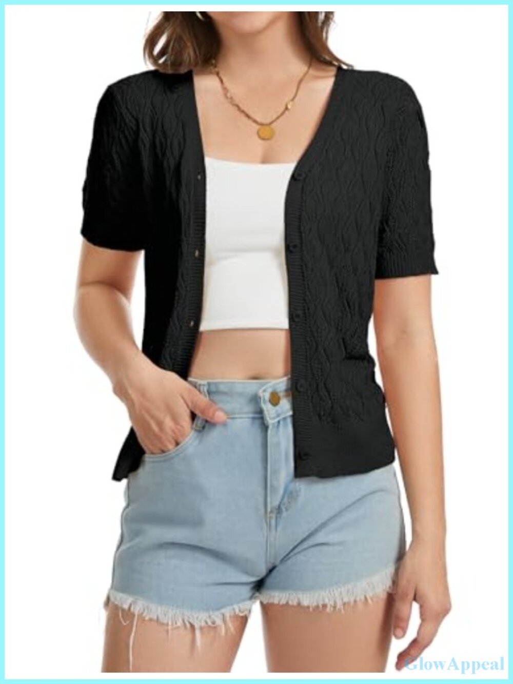 Women's Short Sleeve Crochet Cardigan Lightweight V-Neck Button Up Summer